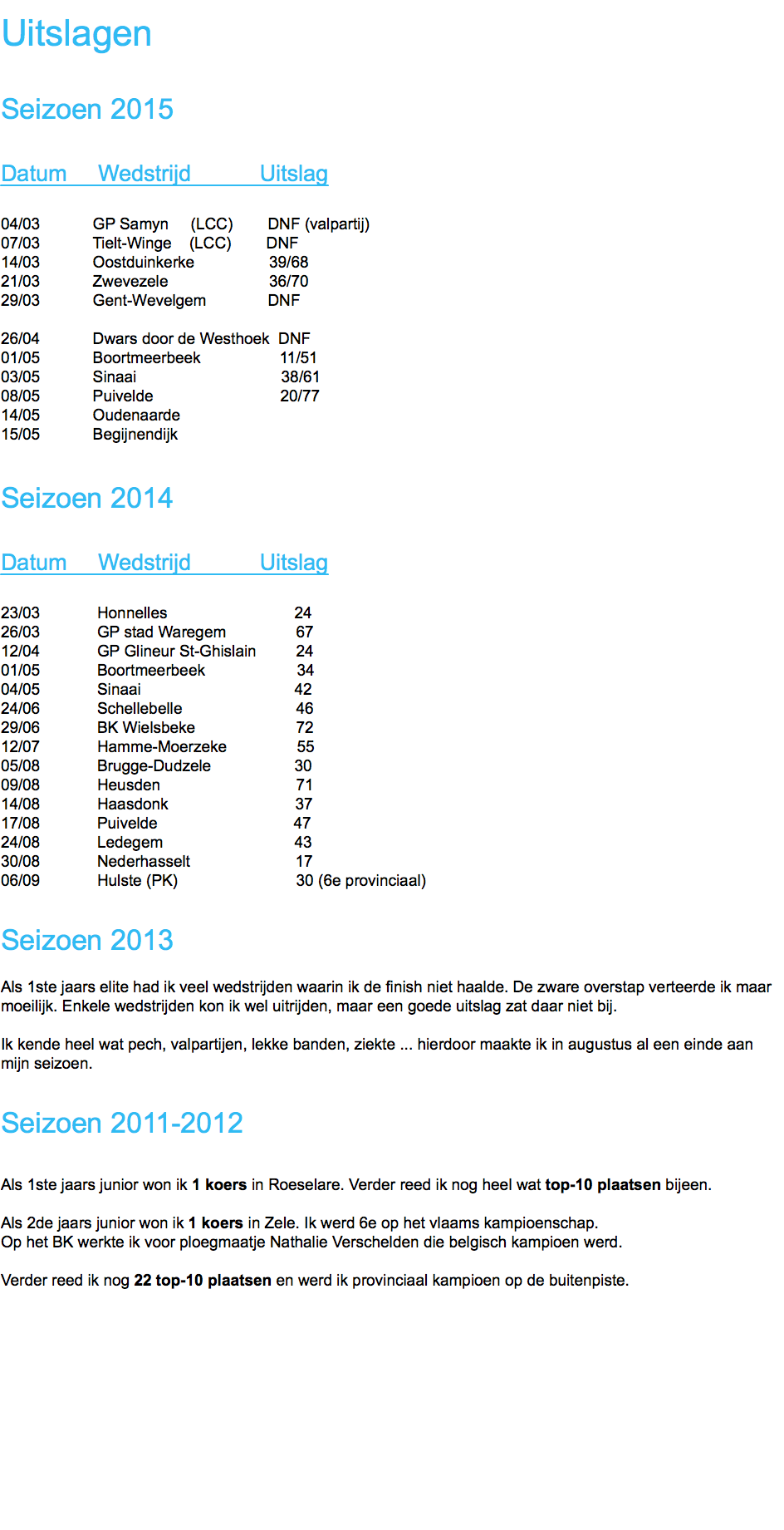 
Uitslagen Seizoen 2015 Datum Wedstrijd Uitslag 04/03 GP Samyn (LCC) DNF (valpartij)
07/03 Tielt-Winge (LCC) DNF
14/03 Oostduinkerke 39/68 21/03 Zwevezele 36/70  29/03 Gent-Wevelgem DNF 26/04 Dwars door de Westhoek DNF 01/05 Boortmeerbeek 11/51
03/05 Sinaai 38/61
08/05 Puivelde 20/77
14/05 Oudenaarde
15/05 Begijnendijk Seizoen 2014 Datum Wedstrijd Uitslag 23/03 Honnelles 24 26/03 GP stad Waregem 67 12/04 GP Glineur St-Ghislain 24 01/05 Boortmeerbeek 34 04/05 Sinaai 42 24/06 Schellebelle 46 29/06 BK Wielsbeke 72
12/07 Hamme-Moerzeke 55
05/08 Brugge-Dudzele 30 09/08 Heusden 71 14/08 Haasdonk 37 17/08 Puivelde 47 24/08 Ledegem 43 30/08 Nederhasselt 17
06/09 Hulste (PK) 30 (6e provinciaal) Seizoen 2013 Als 1ste jaars elite had ik veel wedstrijden waarin ik de finish niet haalde. De zware overstap verteerde ik maar moeilijk. Enkele wedstrijden kon ik wel uitrijden, maar een goede uitslag zat daar niet bij. Ik kende heel wat pech, valpartijen, lekke banden, ziekte ... hierdoor maakte ik in augustus al een einde aan mijn seizoen. Seizoen 2011-2012 Als 1ste jaars junior won ik 1 koers in Roeselare. Verder reed ik nog heel wat top-10 plaatsen bijeen. Als 2de jaars junior won ik 1 koers in Zele. Ik werd 6e op het vlaams kampioenschap.
Op het BK werkte ik voor ploegmaatje Nathalie Verschelden die belgisch kampioen werd. Verder reed ik nog 22 top-10 plaatsen en werd ik provinciaal kampioen op de buitenpiste. 